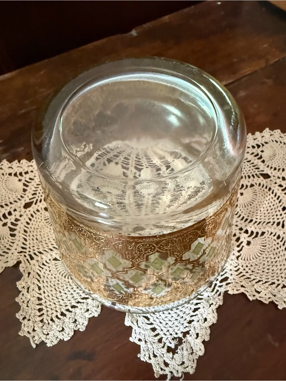 Vintage MCM Culver Valencia pattern Green and Gold Glass Ice Bucket.
